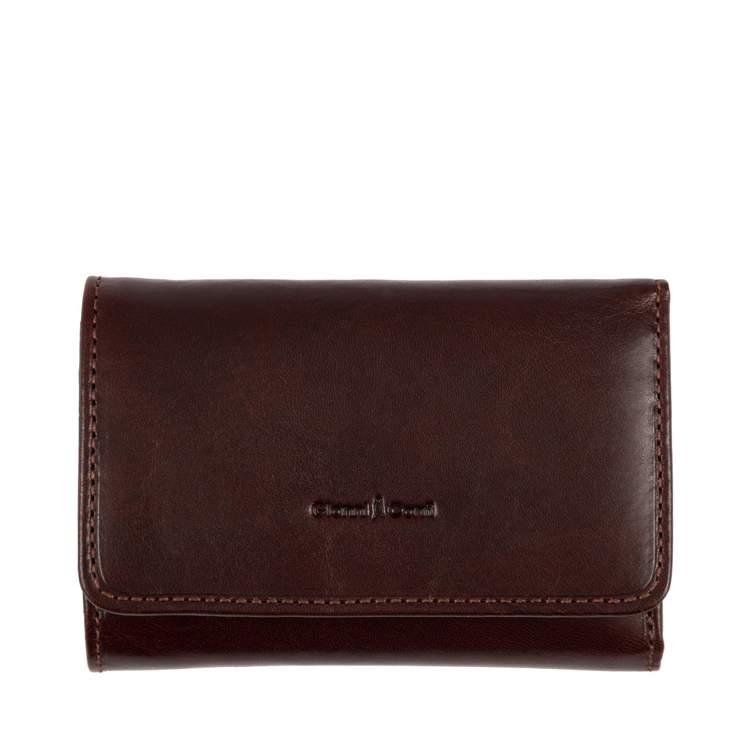 Brown leather wallet with visible stitching and embossed logo