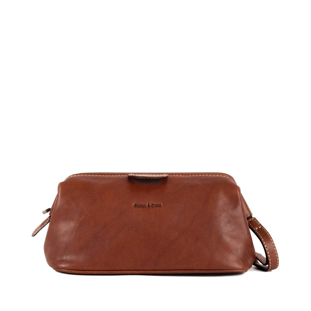 Brown leather clutch bag with strap and brand logo on white background