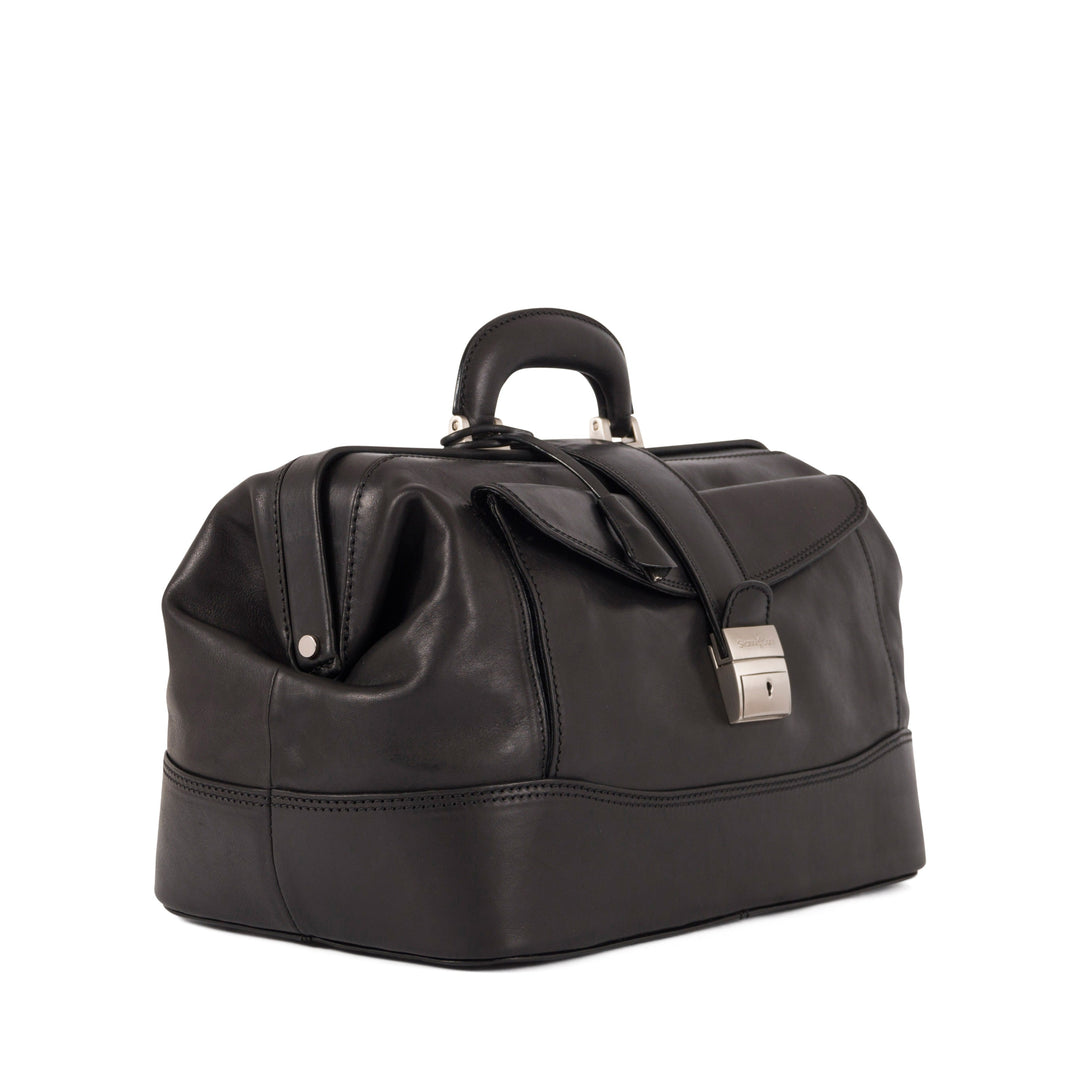 Black leather luxury handbag with silver lock and handle