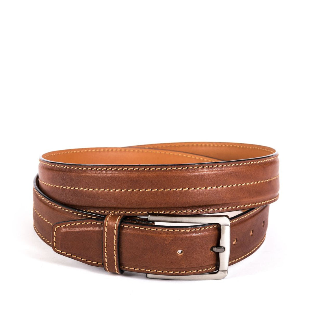 Brown leather belt with silver buckle and detailed stitching