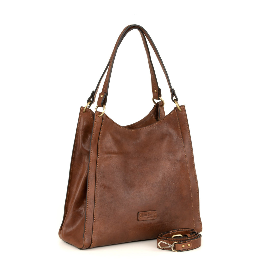 Brown leather tote handbag with adjustable strap