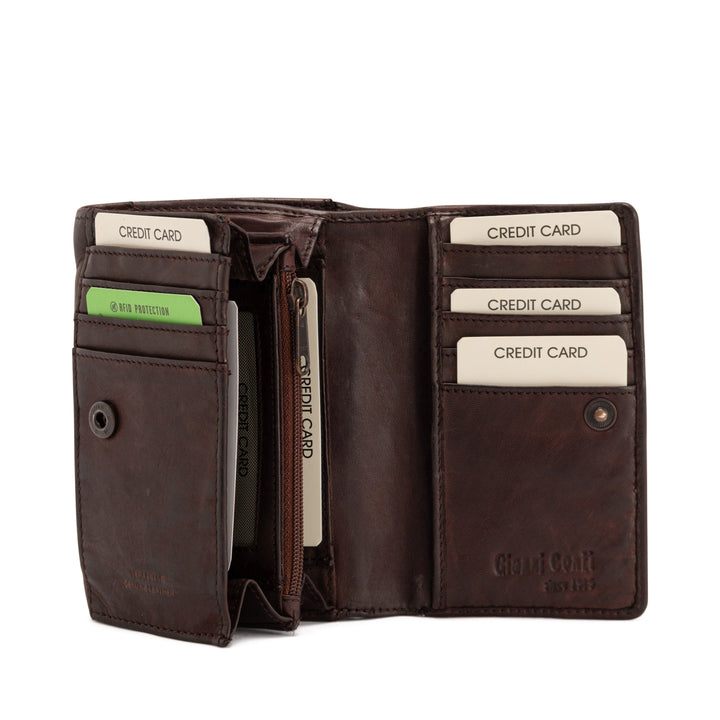 Open brown leather wallet with multiple credit card slots and a zippered coin compartment