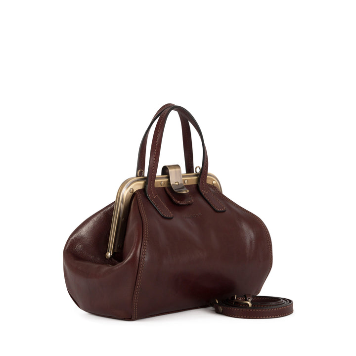 Vintage-style brown leather handbag with gold clasp and detachable strap