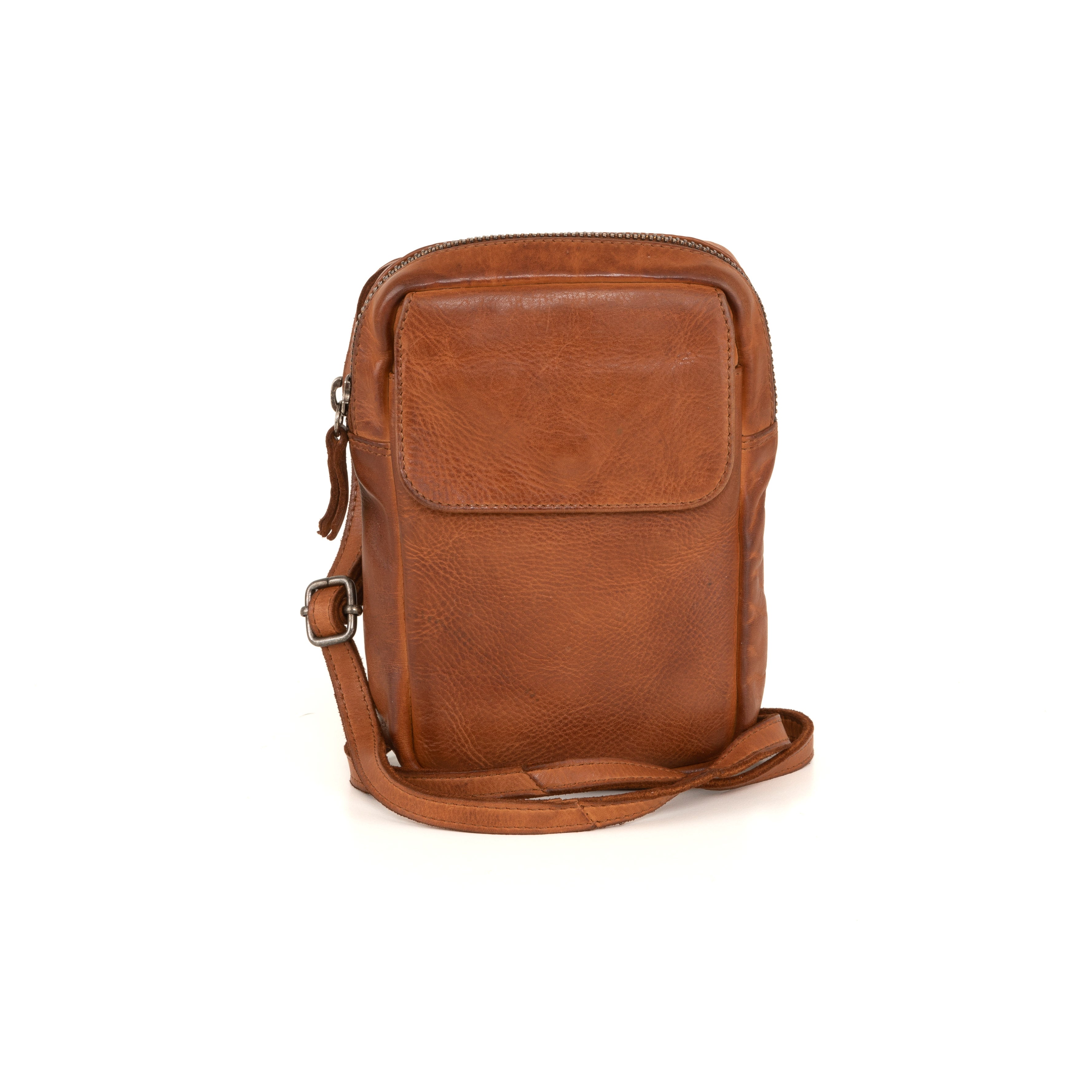 Brown leather crossbody bag with front pocket and adjustable strap