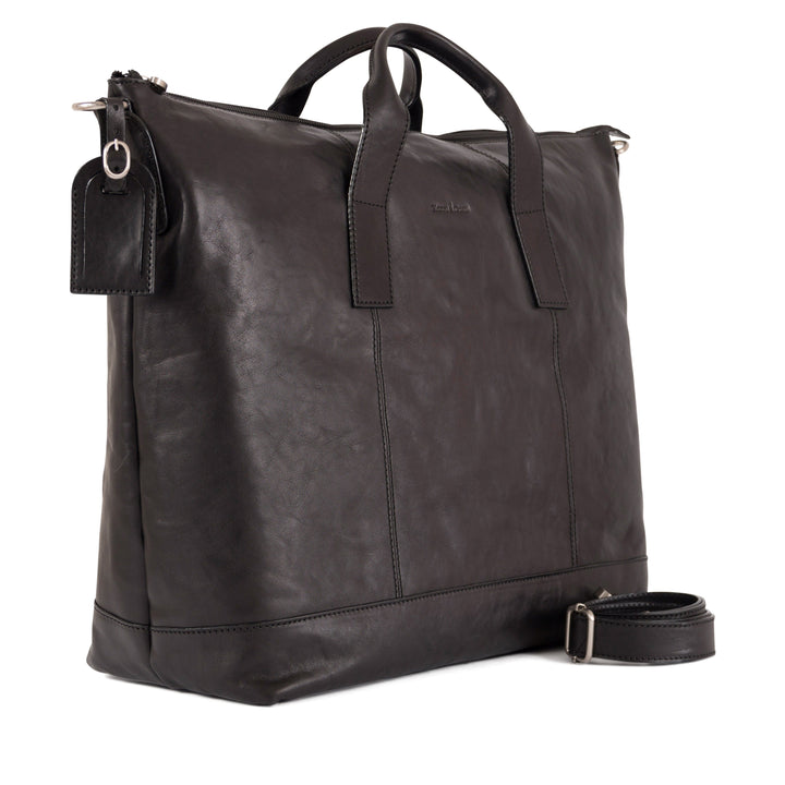 Black leather tote bag with handles and detachable shoulder strap