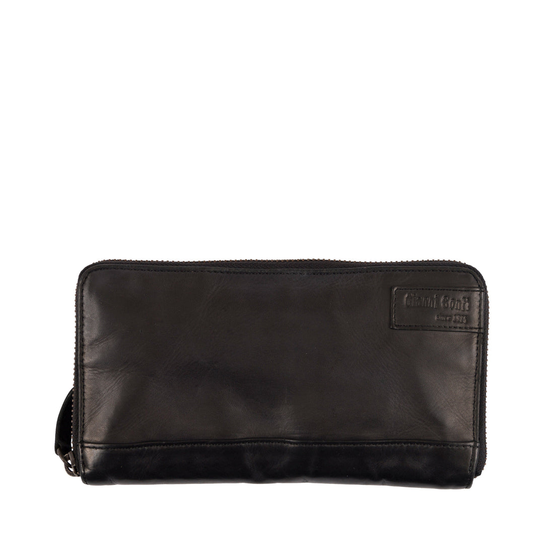 Black leather clutch wallet with zipper and brand logo