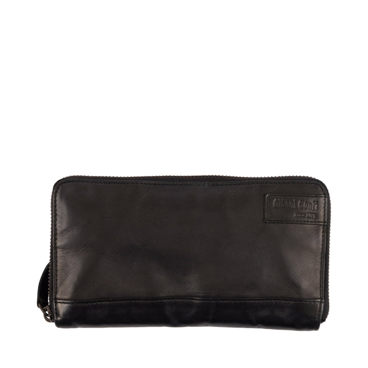 Black leather clutch wallet with zipper and brand logo