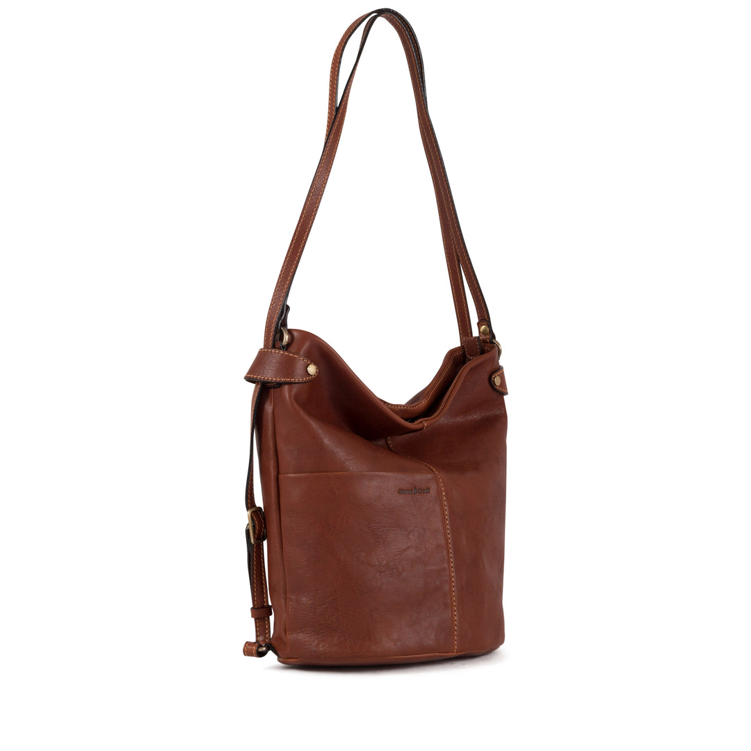 Brown leather shoulder bag with long straps and front pocket