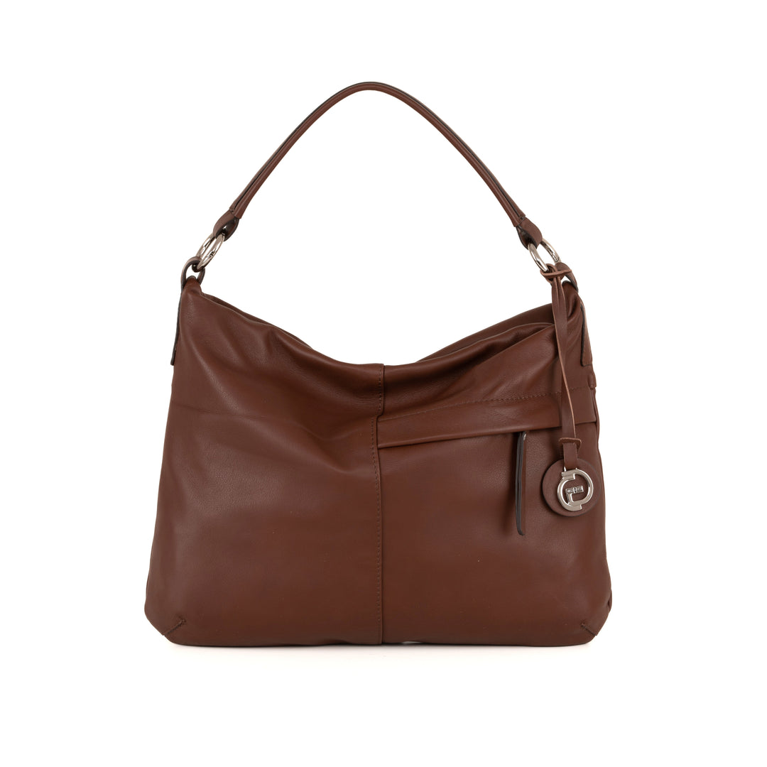 Brown leather handbag with shoulder strap and silver buckle detailing