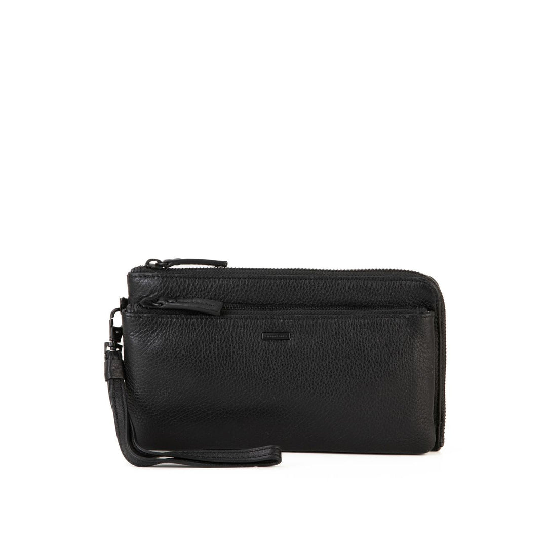 Black leather wallet with wrist strap and zippered compartments