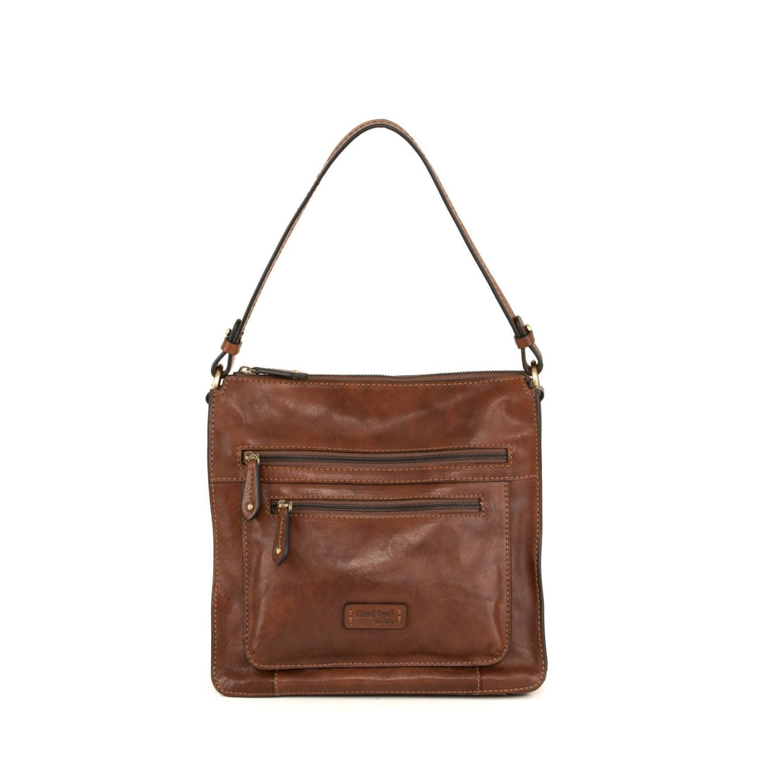 Brown leather shoulder bag with multiple zipper pockets