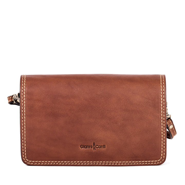 Brown leather crossbody bag with white stitching and Gianni Conti logo