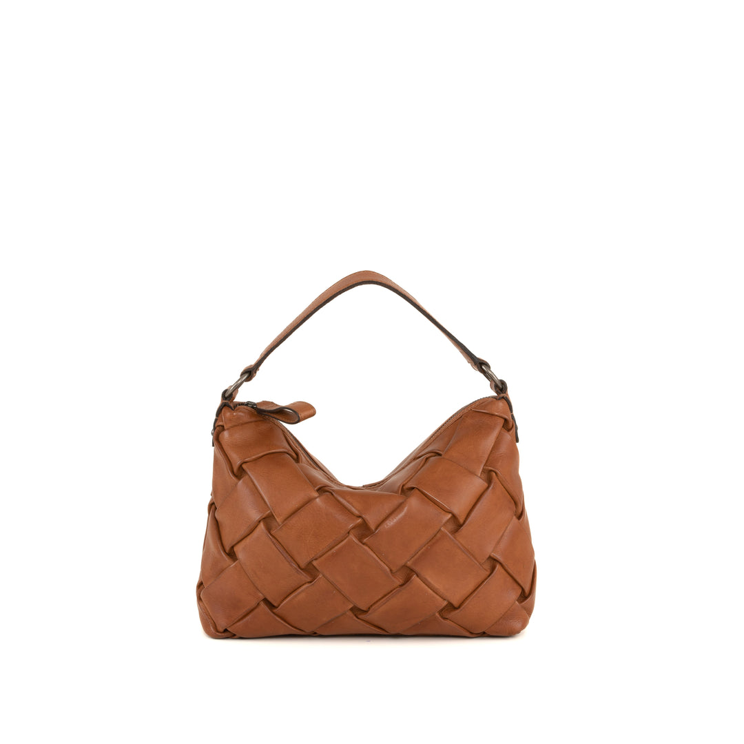 Brown woven leather handbag with top handle