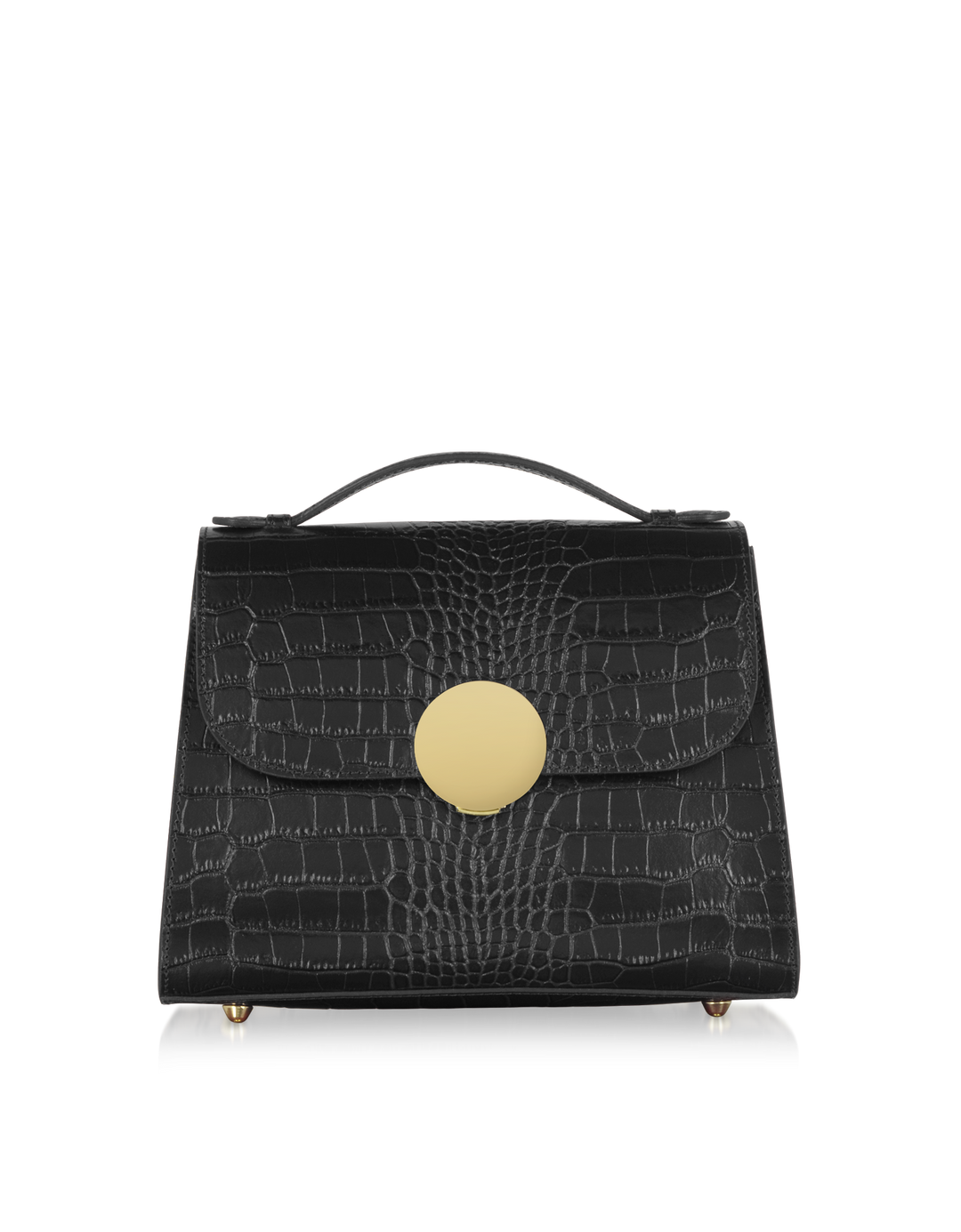 Black crocodile leather handbag with gold circular clasp