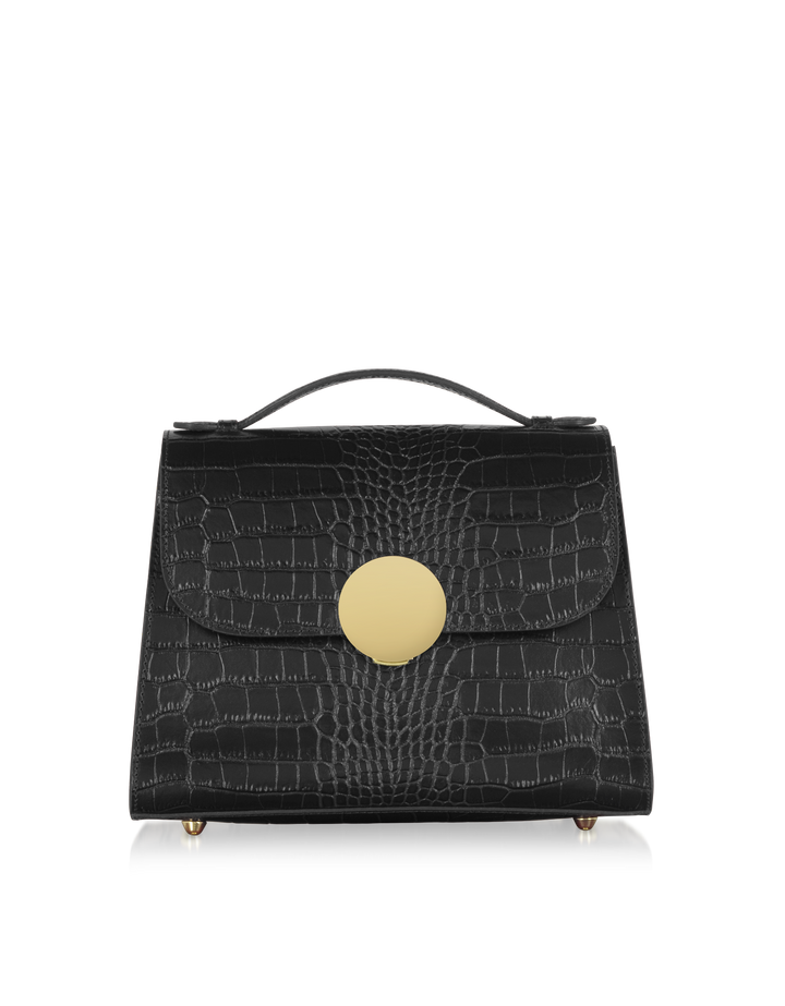 Black crocodile leather handbag with gold circular clasp