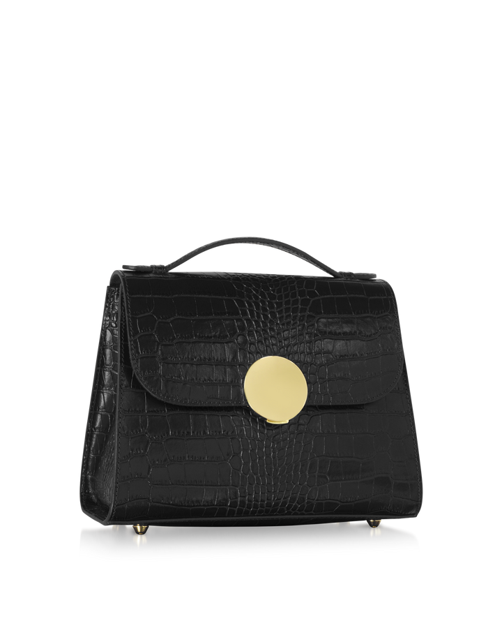 Black crocodile leather handbag with gold clasp