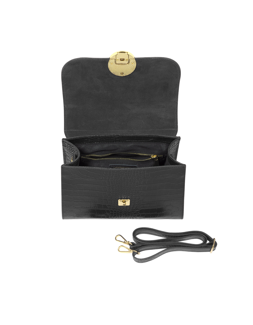 Black leather handbag with gold clasp, interior zip pocket, and detachable strap