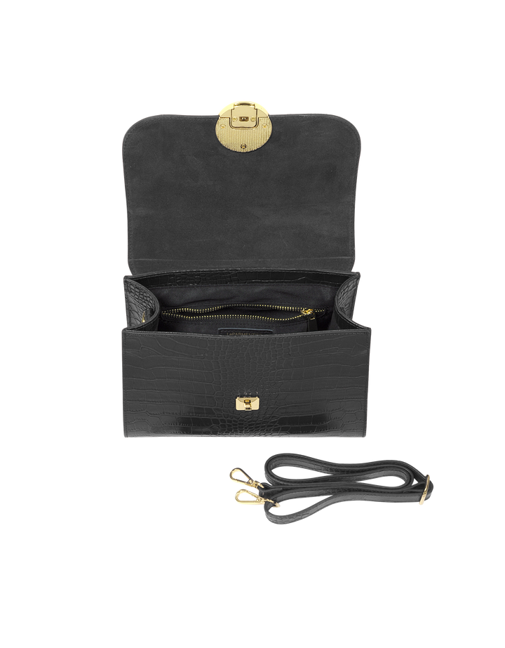 Black leather handbag with gold clasp, interior zip pocket, and detachable strap