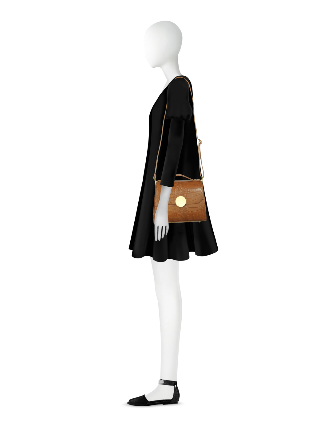 Side view of mannequin with black dress, brown crossbody bag, and black flats