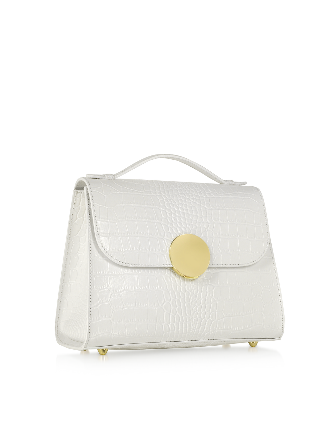 White crocodile leather handbag with gold clasp and handle on white background