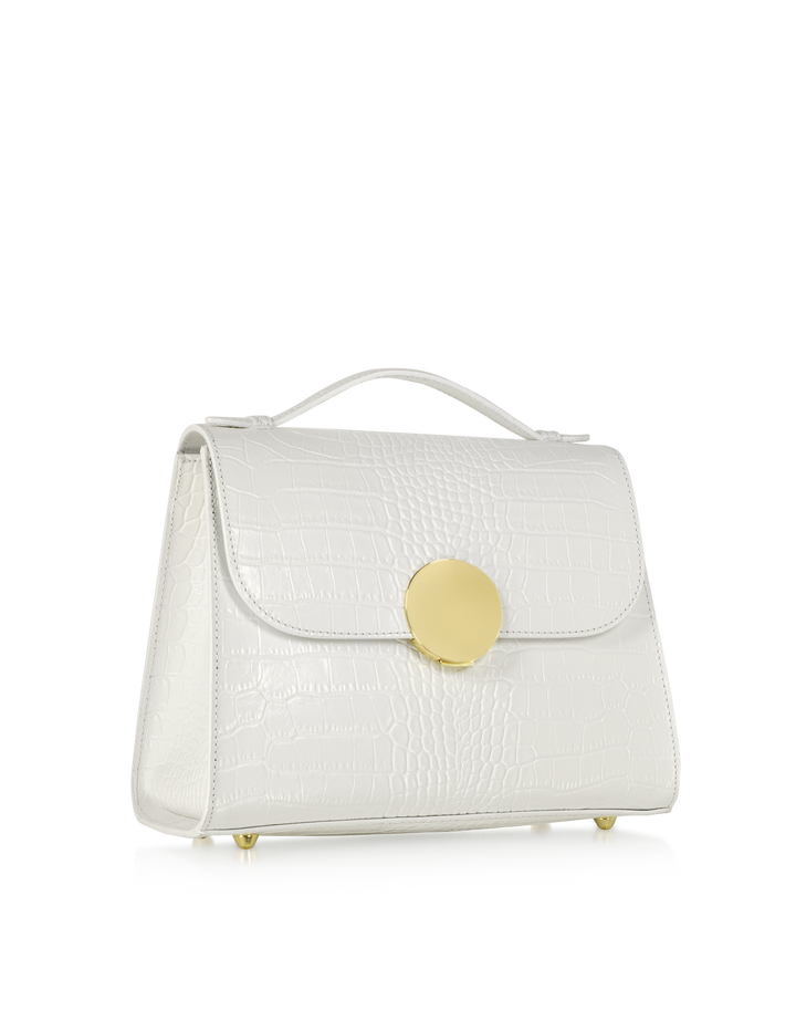 White crocodile leather handbag with gold clasp and handle on white background