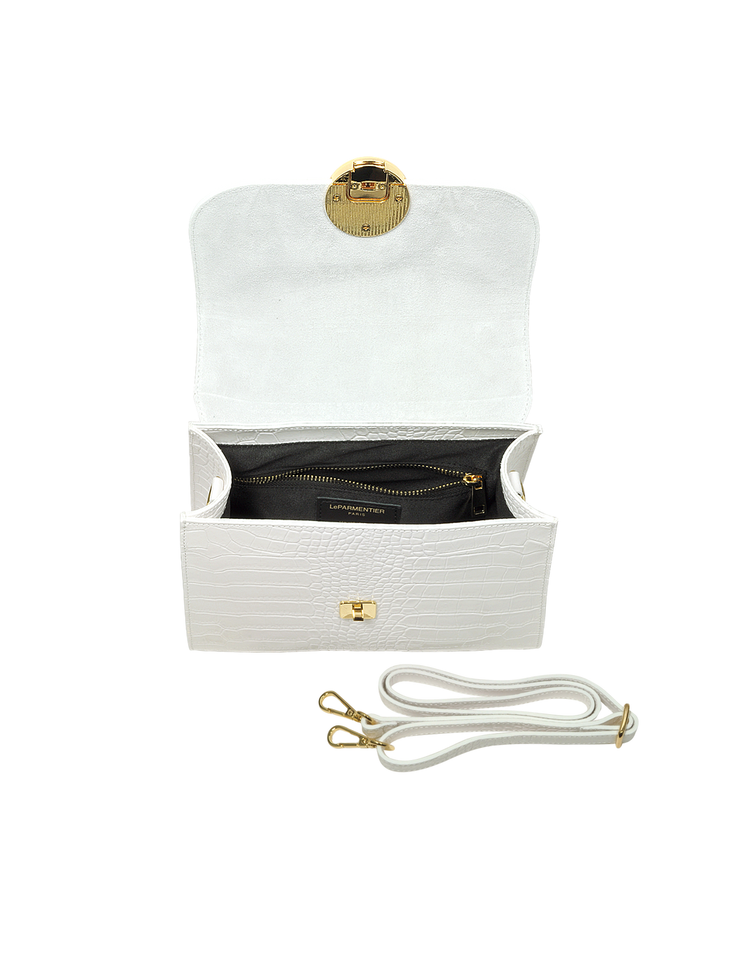 White leather crossbody handbag with open flap displaying interior compartments and detachable strap