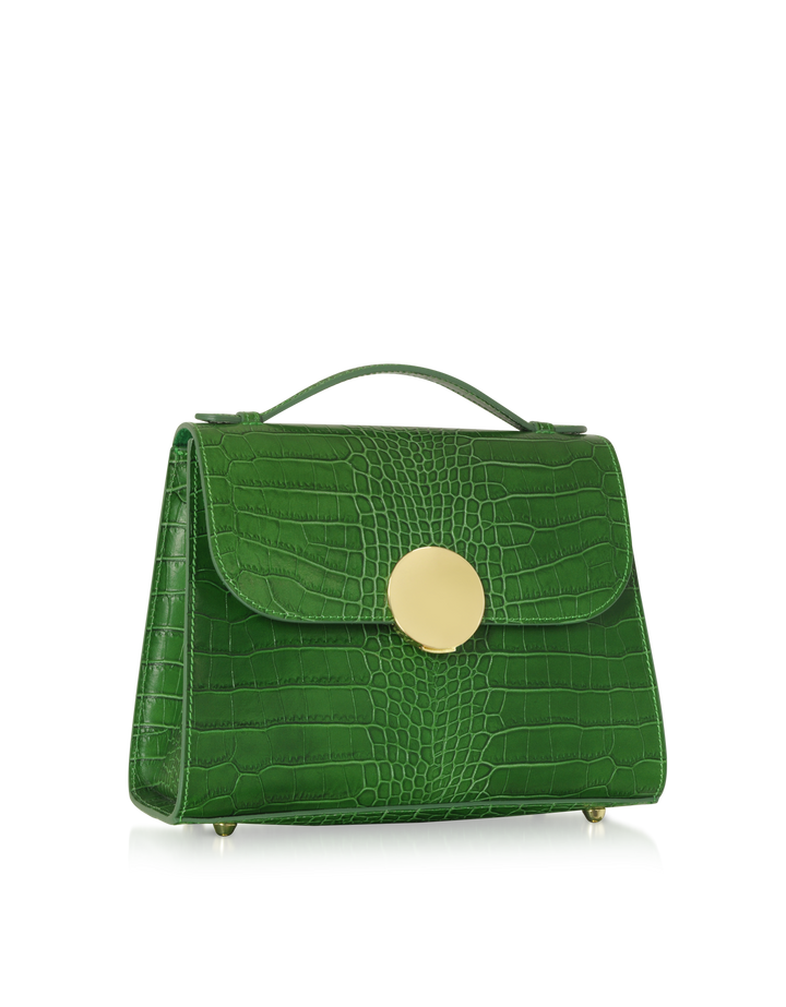 Green crocodile leather handbag with gold clasp