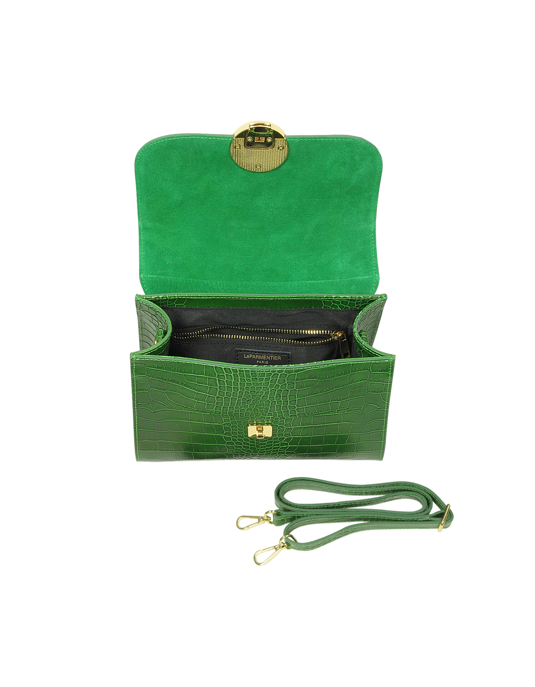 Green leather crocodile-patterned handbag with gold clasp, open to show interior compartments, and detachable strap adjacent