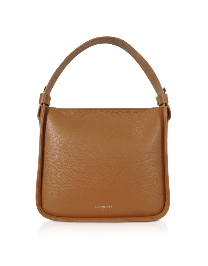 Tan leather handbag with top handle and minimalist design