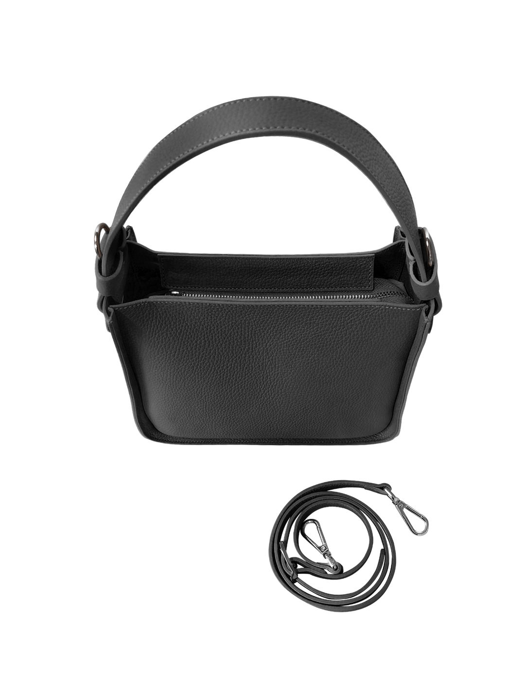 Black leather handbag with detachable strap