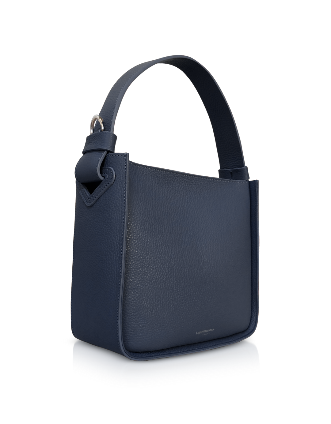 Navy blue leather handbag with silver buckle detailing and wide shoulder strap