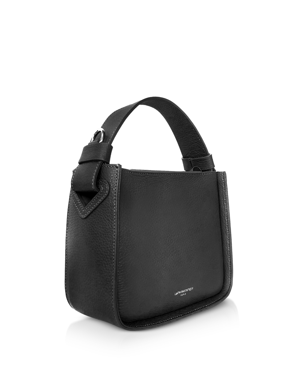 Black leather handbag with wide shoulder strap and silver buckle