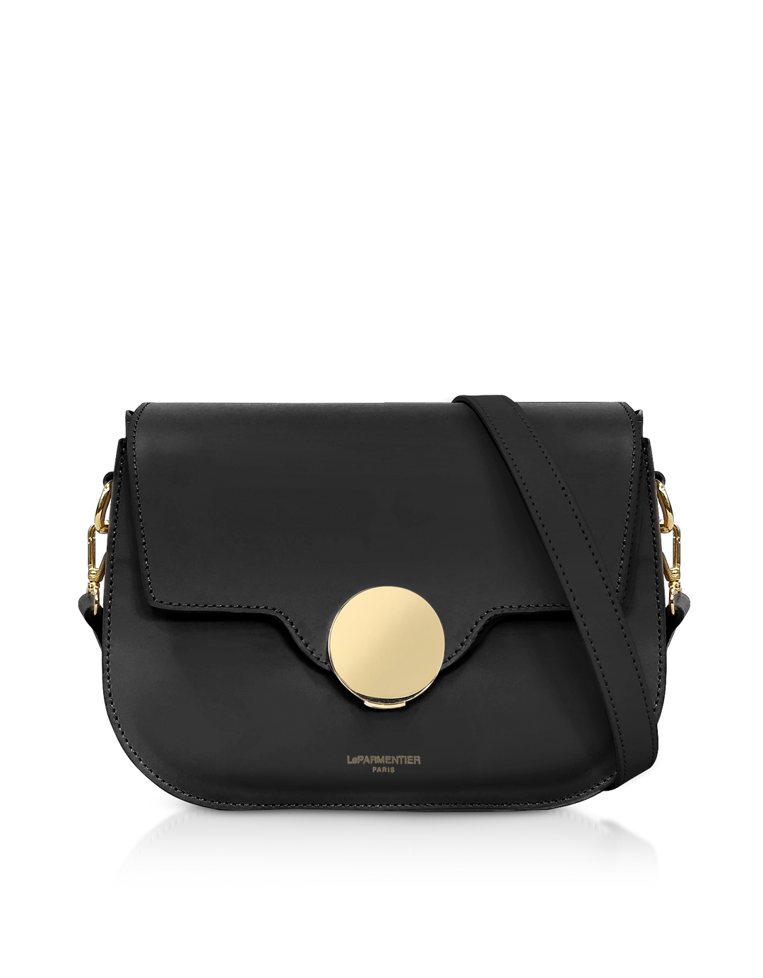 Black leather crossbody bag with gold circular clasp and adjustable strap