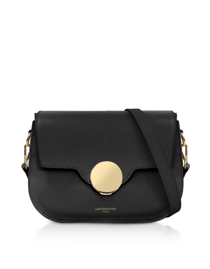 Black leather crossbody bag with gold circular clasp and adjustable strap