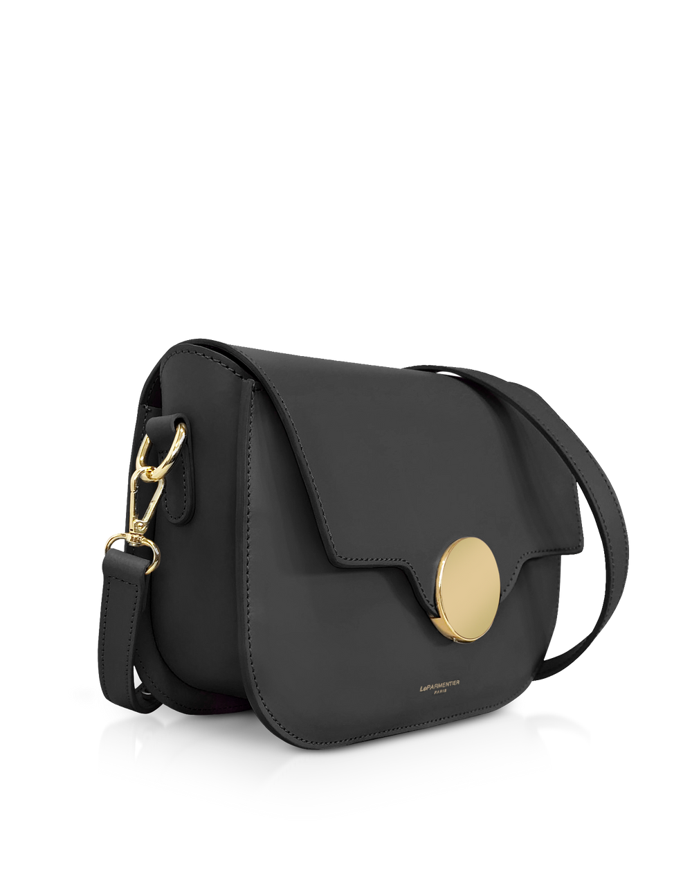 Stylish black leather crossbody bag with gold clasp and adjustable strap