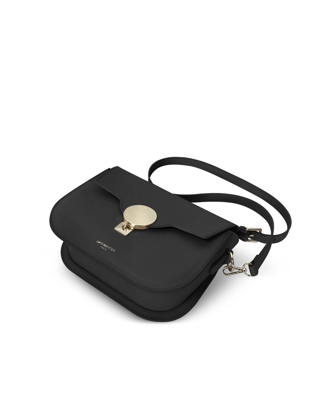 Black leather crossbody bag with gold clasp and adjustable strap