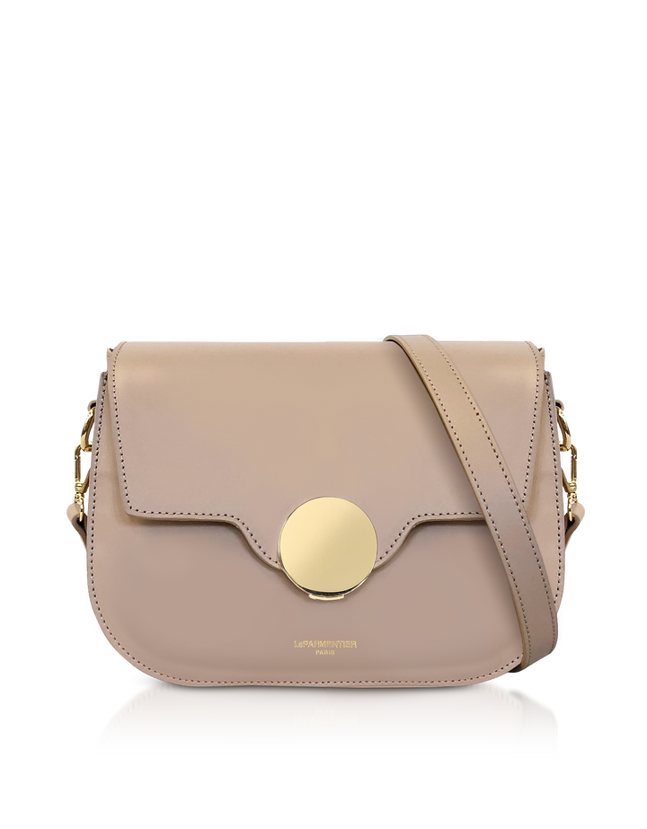 Beige leather crossbody bag with gold clasp and adjustable strap