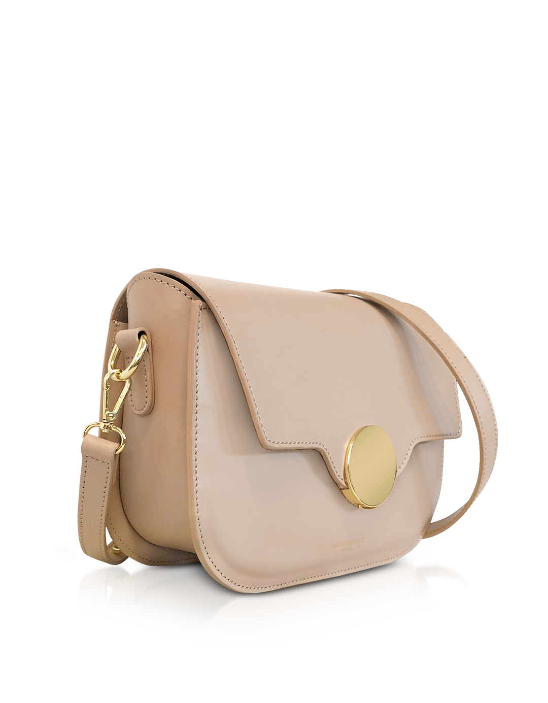 Beige leather handbag with gold clasp and adjustable strap