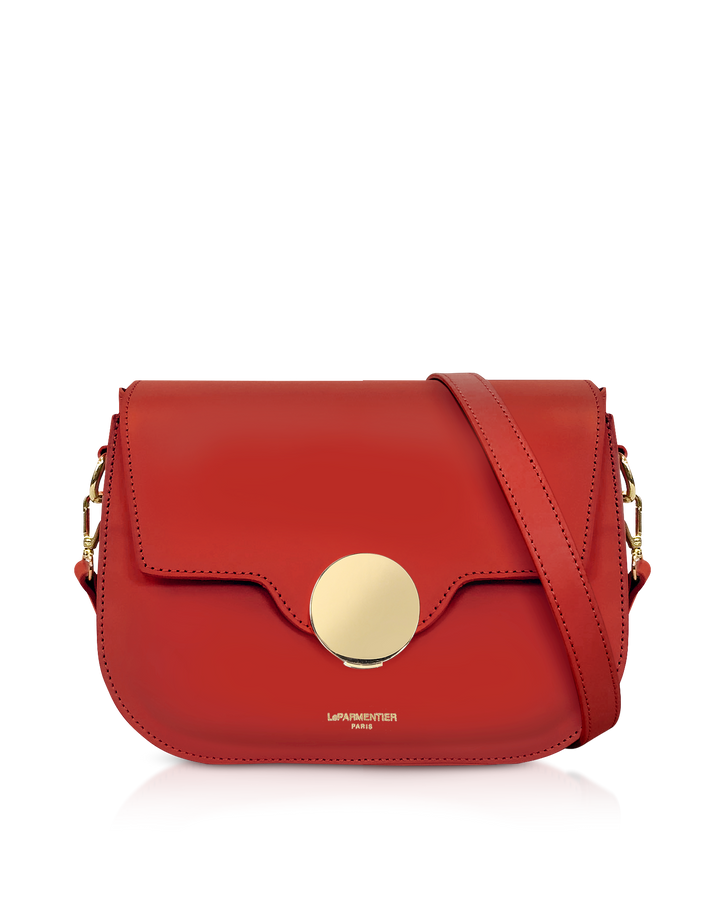 Red leather handbag with gold circular clasp and shoulder strap