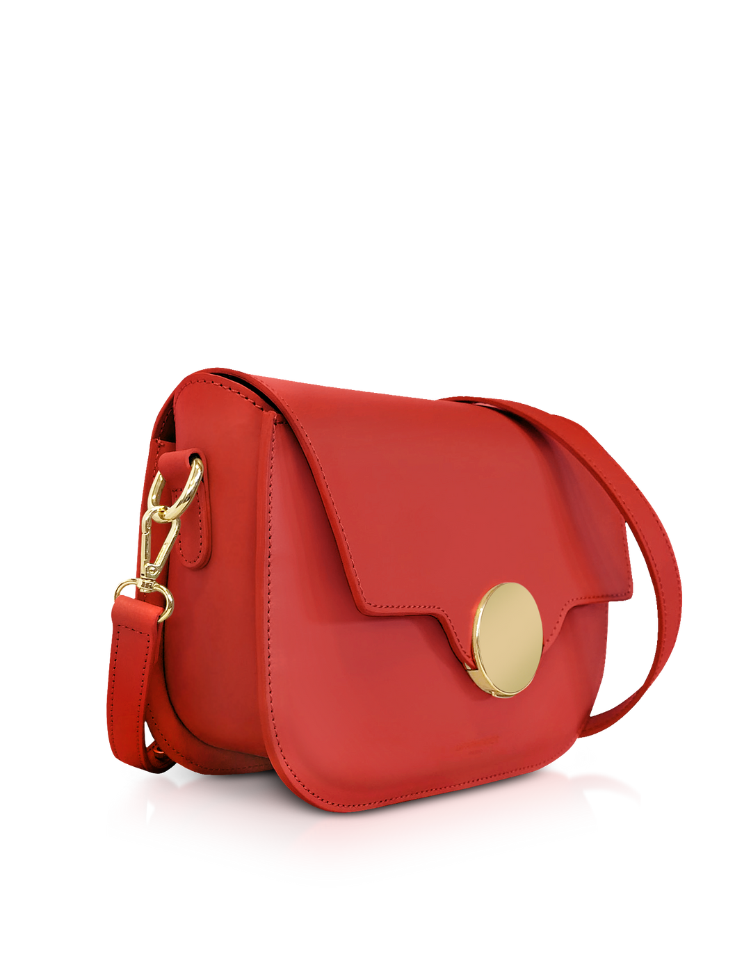 Red leather shoulder bag with gold clasp and adjustable strap