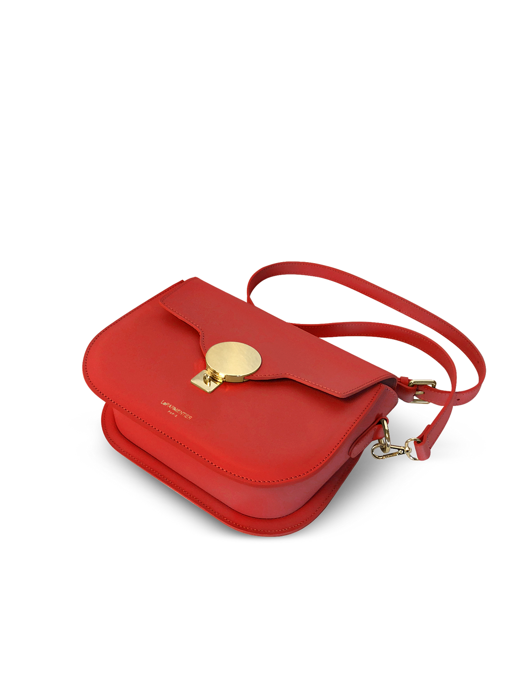 Red leather shoulder bag with gold clasp and adjustable strap