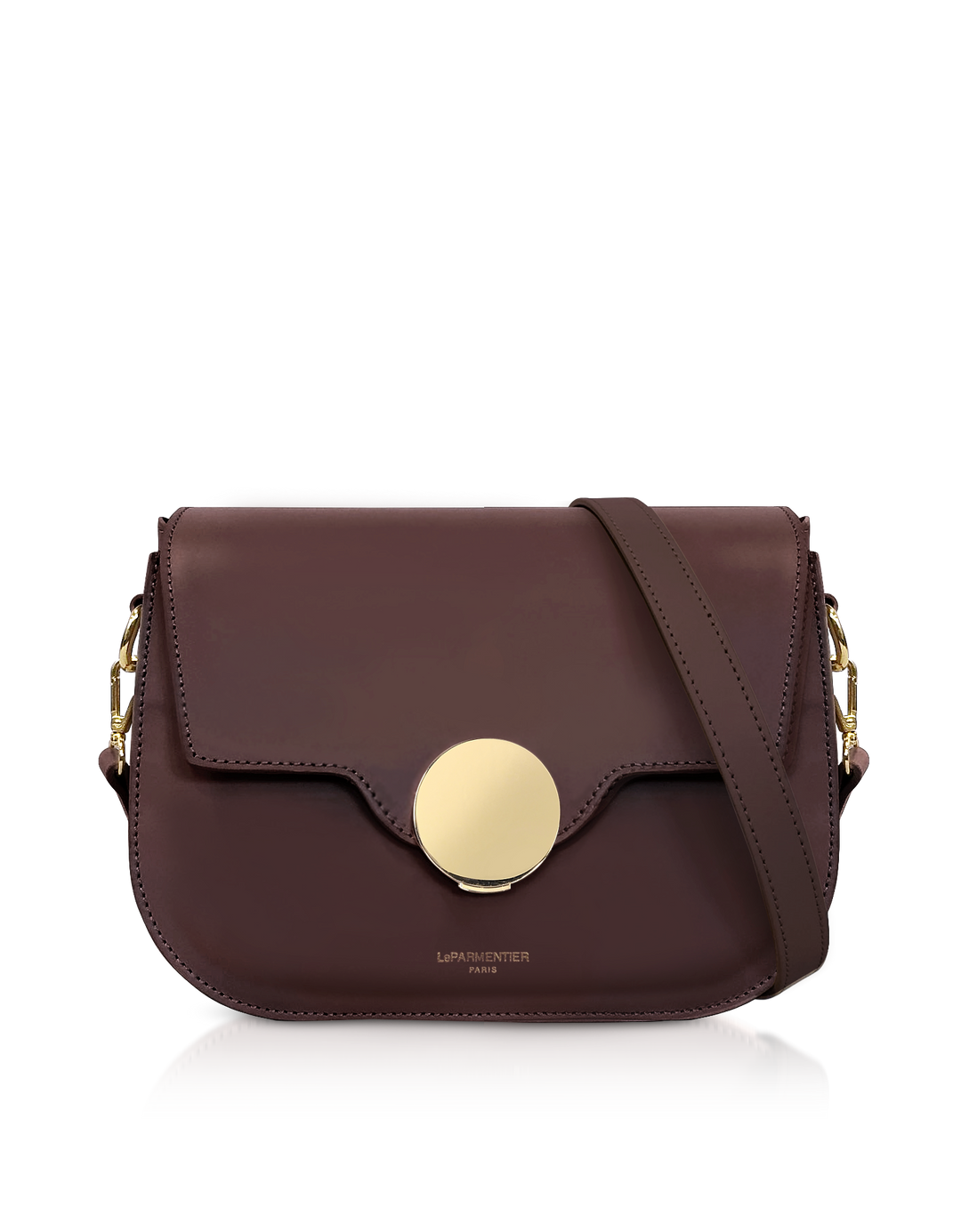 Brown leather crossbody bag with gold clasp and strap from LeParmentier Paris