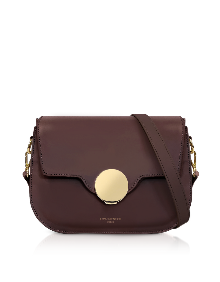 Brown leather crossbody bag with gold clasp and strap from LeParmentier Paris