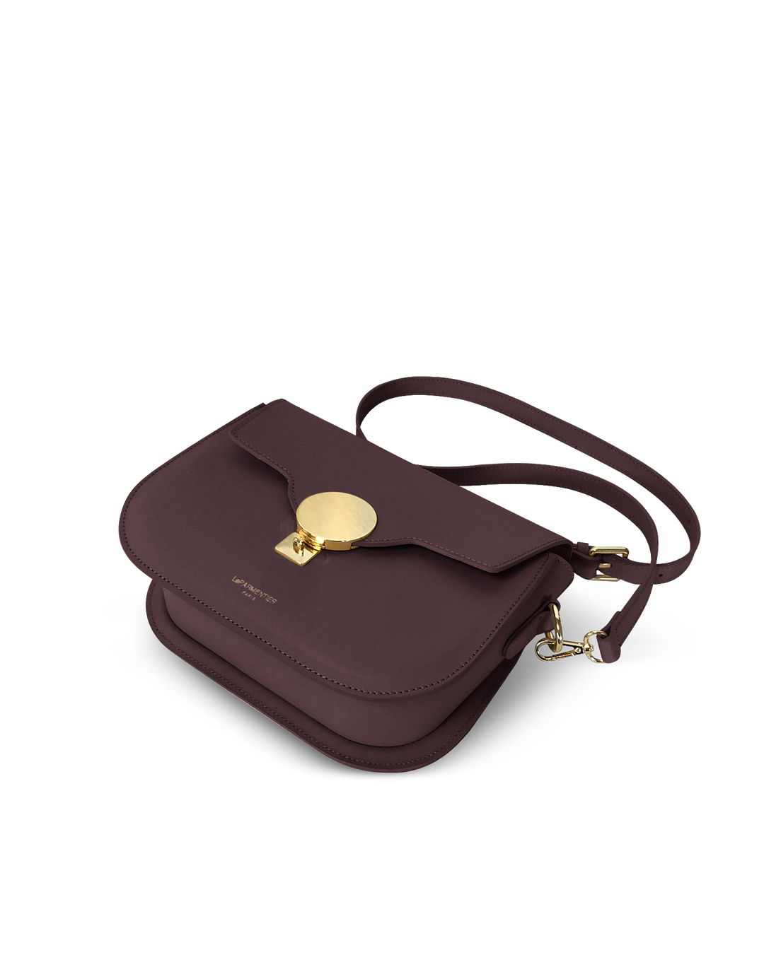 Burgundy leather crossbody bag with gold clasp and adjustable strap