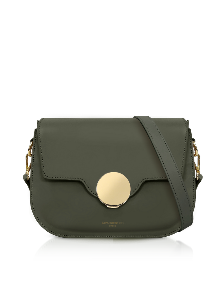 Green leather shoulder bag with gold circular clasp