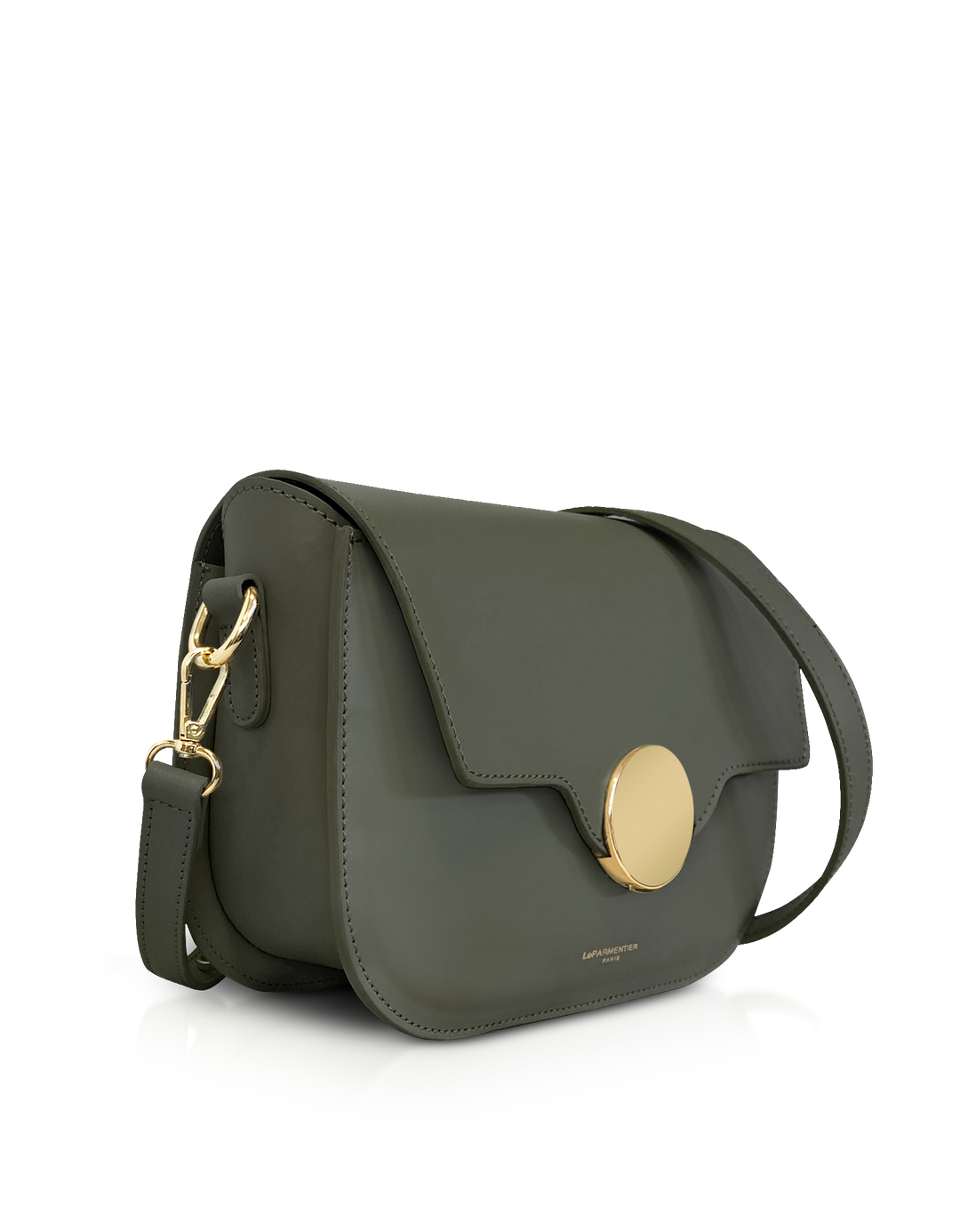 Sleek green leather shoulder bag with gold accents and adjustable strap