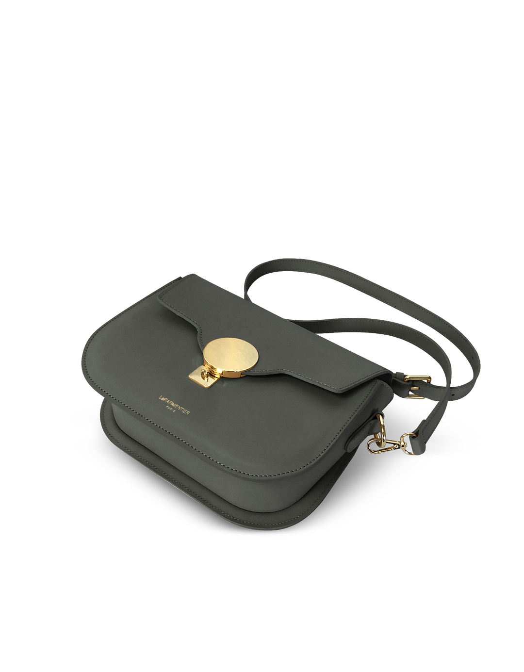 Gray leather crossbody bag with gold clasp and adjustable strap