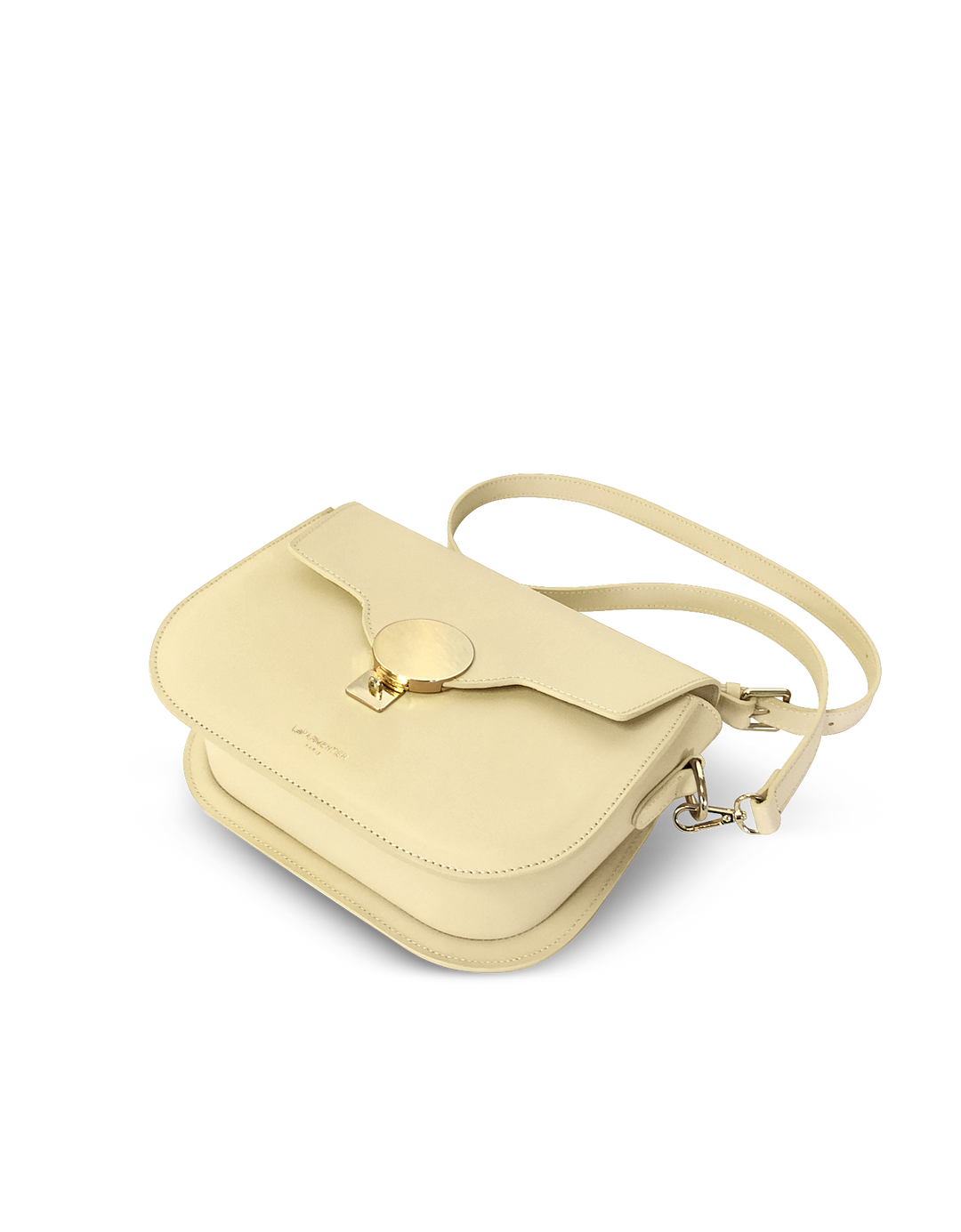 Cream leather crossbody bag with gold clasp and adjustable strap