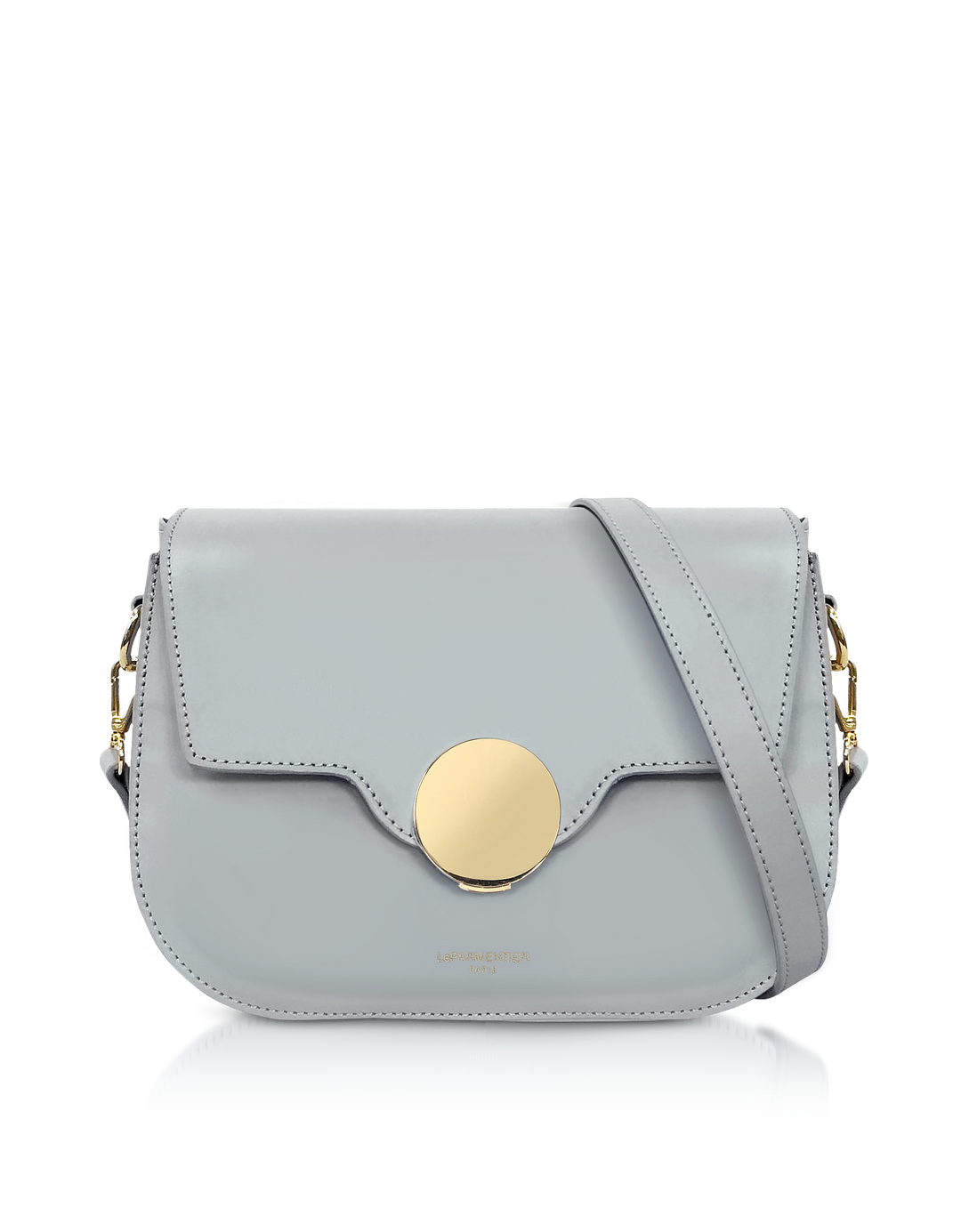 Light gray leather handbag with gold clasp and shoulder strap