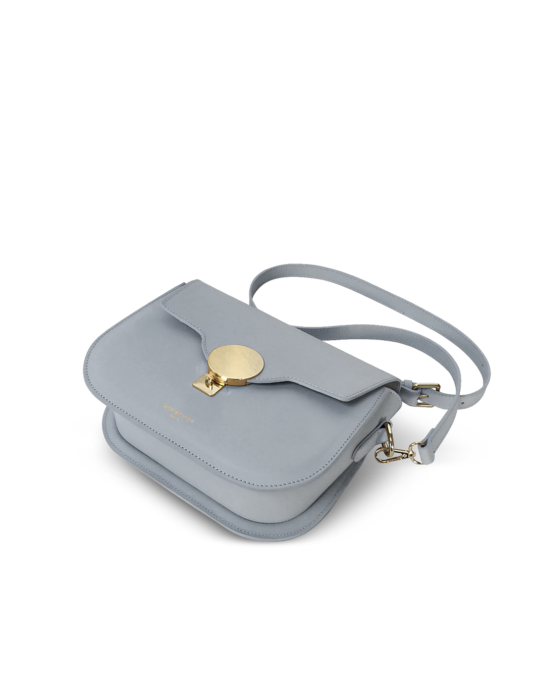 Light blue leather shoulder bag with gold buckle detail and adjustable strap